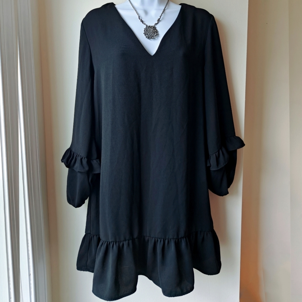Zara Black V-neck Ruffle Dress Long Sleeve